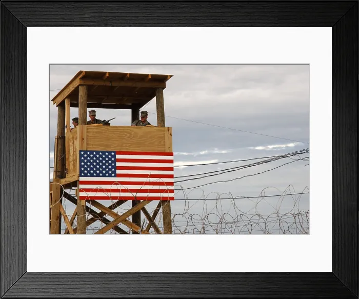 Framed Print : Watch tower security teams at Camp X-Ray man positions during a rehearsal for handling incoming detainees Jan. 10 2002 Framed Print : Watch tower security teams at Camp X-Ray man positions during a rehearsal for handling incoming detainees Jan. 10 2002