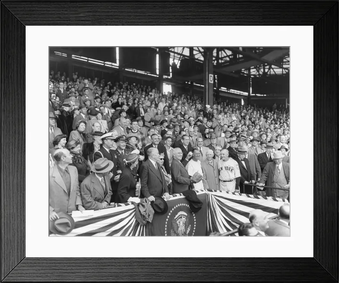 Framed Print : President Harry Truman about to throw the first ball at the 1951 of the season at Griffith Stadium. April 20, 1950. With the President are: Mrs Framed Print : President Harry Truman about to throw the first ball at the 1951 of the season at Griffith Stadium. April 20, 1950. With the President are: Mrs
