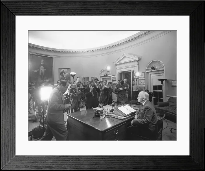 Framed Print : President Harry Truman before a radio and television address on disarmament. Nov. 7, 1951. - (BSLOC_2014_15_81)