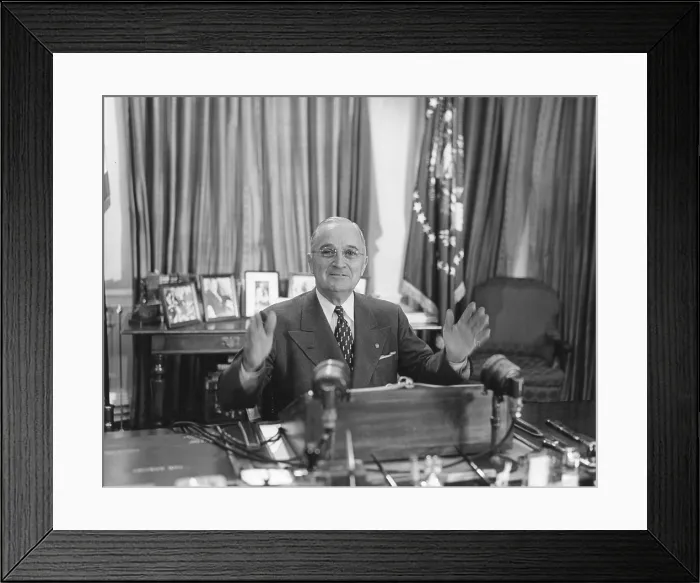 Framed Print : Truman delivers a radio and television address about a United Nations arms reduction proposal. Nov. 7, 1951