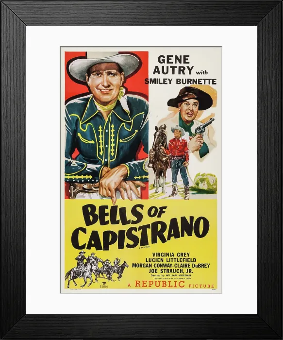 Framed Print : BELLS OF CAPISTRANO, US poster art, from left: Gene Autry, Smiley Burnette, 1942