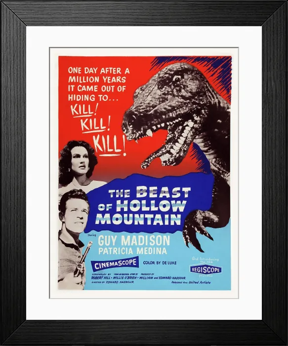 Framed Print : THE BEAST OF HOLLOW MOUNTAIN, US poster art, from top left: Patricia Medina, Guy Madison, 1956