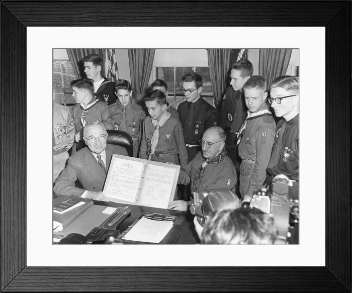 Framed Print : President Harry Truman receives a Report to the Nation from a group of Boy Scouts. Feb. 6, 1951. - (BSLOC_2014_15_87) Framed Print : President Harry Truman receives a Report to the Nation from a group of Boy Scouts. Feb. 6, 1951. - (BSLOC_2014_15_87)