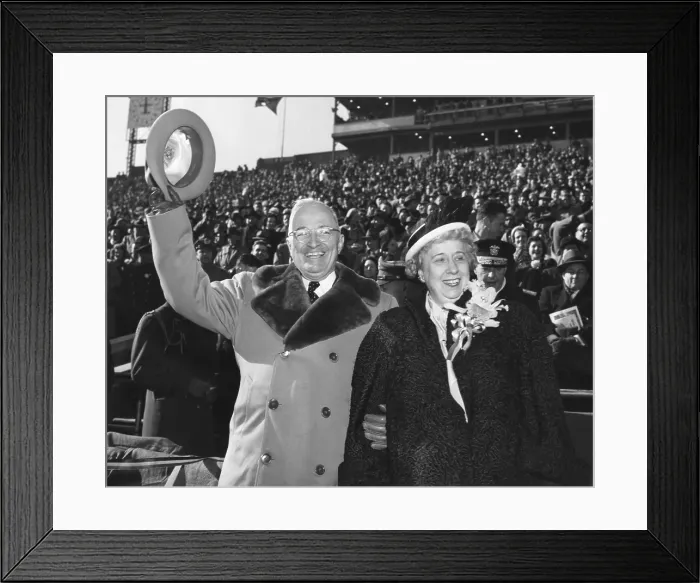 Framed Print : President Harry Truman and First Lady Bess Truman at the Army Navy Football Game. Nov. 27, 1948. - (BSLOC_2014_15_90) Framed Print : President Harry Truman and First Lady Bess Truman at the Army Navy Football Game. Nov. 27, 1948. - (BSLOC_2014_15_90)
