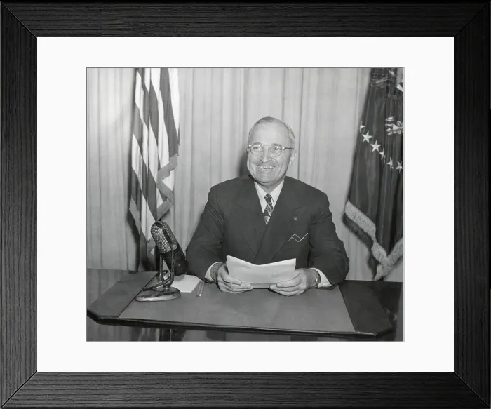 Framed Print : President Harry Truman delivering a radio speech on Jan. 2, 1946. He addressed the program for the return to peacetime economy. - (BSLOC_2014_15_9)