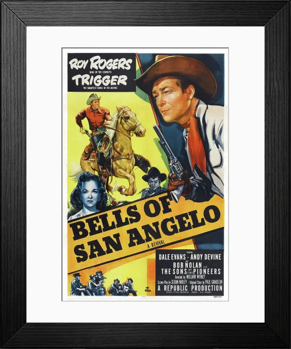 Framed Print : BELLS OF SAN ANGELO, poster art, l-r: Dale Evans, Roy Rogers, Trigger, 1947