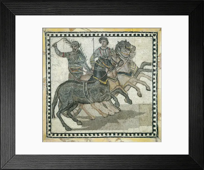 Framed Print : Circus scene, 3rd century. Auriga with palm, symbol of victory and 'iubilator' with his whip on the chariot. Roman art. Early Empire. Mosaic. SPAIN. Madrid