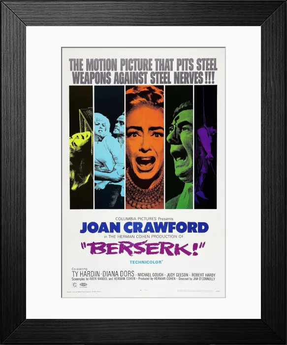 Framed Print : BERSERK, US poster art, Diana Dors (blue), Joan Crawford (orange), Michael Gough (green), 1967