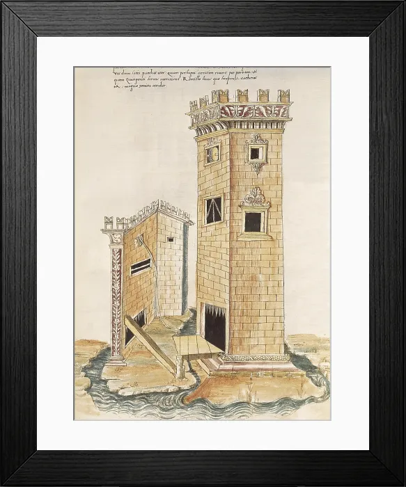 Framed Print : VALTURIO, Roberto (1405-1475). De re militari. 1446 - 1455. Military engineering treaty. Project of obsidional tower with secure gate, tower with portcullis and draw-bridge