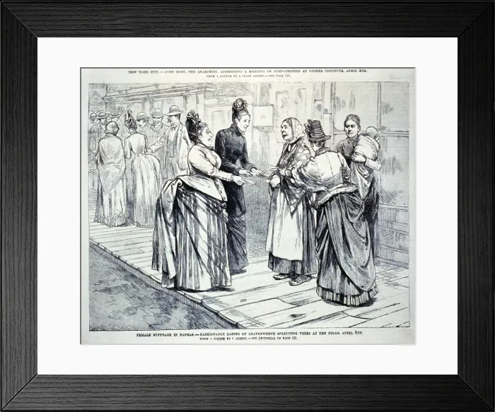 Framed Print : Female suffrage in Kansas. Ladies of Leavenworth soliciting votes at the polls, April 5th, 1887 Framed Print : Female suffrage in Kansas. Ladies of Leavenworth soliciting votes at the polls, April 5th, 1887
