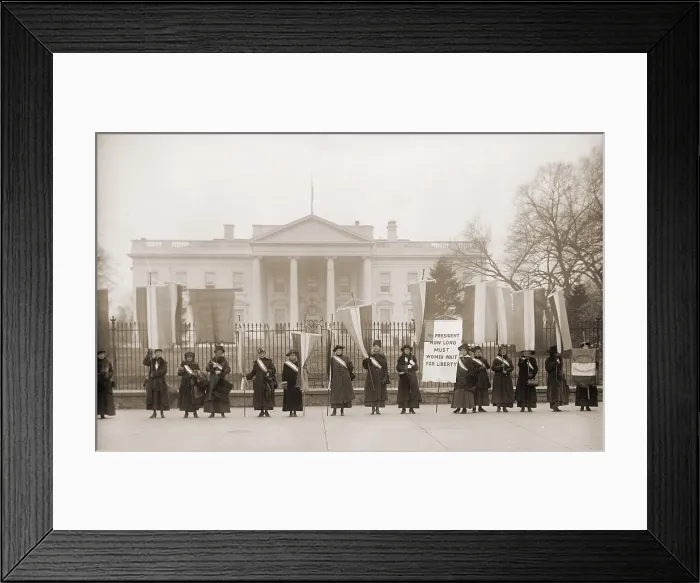Framed Print : National Women's Party demonstration in front of the White House in 1918. The banner protests Wilson's failure to support women's suffrage
