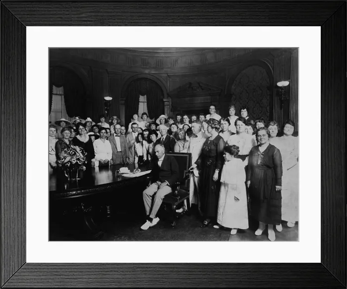 Framed Print : A room full women and a few men witness Governor Frederick Gardner signing Missouri's ratification of the 19th Amendment