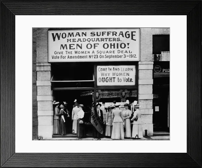 Framed Print : Woman Suffrage Headquarters in Cleveland, Ohio. Miss Belle Sherwin, President, National League of Women Voters is at extreme left (labeled A); Judge Florence E