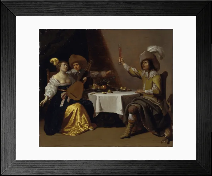 Framed Print : Happy Company, by Jan Van Bijlert, 1635 - 1645, half of the 17th Century, oil on board, 50 x 44 cm - Italy, Lombardy, Milan, Castello Sforzesco, Civic Collections of Ancient Art