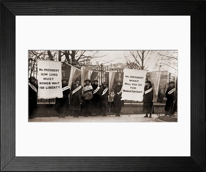 Framed Print : National Women's Party demonstration by college women in front of the White House in 1918. The banner protests Wilson's failure to support women's suffrage