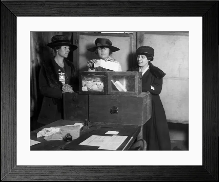 Framed Print : Three women's suffragists casting votes in New York City, ca. 1917 Framed Print : Three women's suffragists casting votes in New York City, ca. 1917