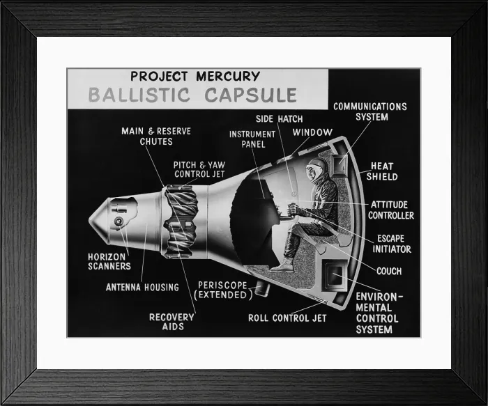 Framed Print : Cutaway diagram of Project Mercury ballistic capsule, the first U.S. manned spacecraft used for seven spaces missions between 1961-1963 Framed Print : Cutaway diagram of Project Mercury ballistic capsule, the first U.S. manned spacecraft used for seven spaces missions between 1961-1963