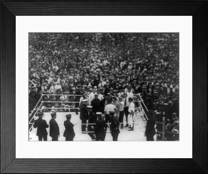 Framed Print : Jack Dempsey and Georges Carpentier in arena before their fight for the World Heavyweight title. Boyle's Thirty Acre, Jersey City, July 2, 1921. Photo by F.C. Quimby