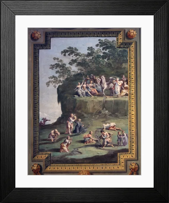 Framed Print : Poets drink from the source of Hippocrene, by Jean Boulanger, half of the 17th Century, fresco - Italy, Emilia Romagna, Sassuolo, Royal Palace. Whole artwork view