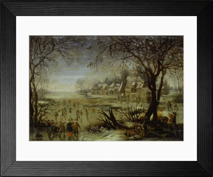 Framed Print : Winter Landscape with Forzen River by a Village, after Josse de Momper the Younger, first decades of the 17th Century, oil on copper, 29, 5 x 20, 5 cm - Italy, Lombardy, Milan