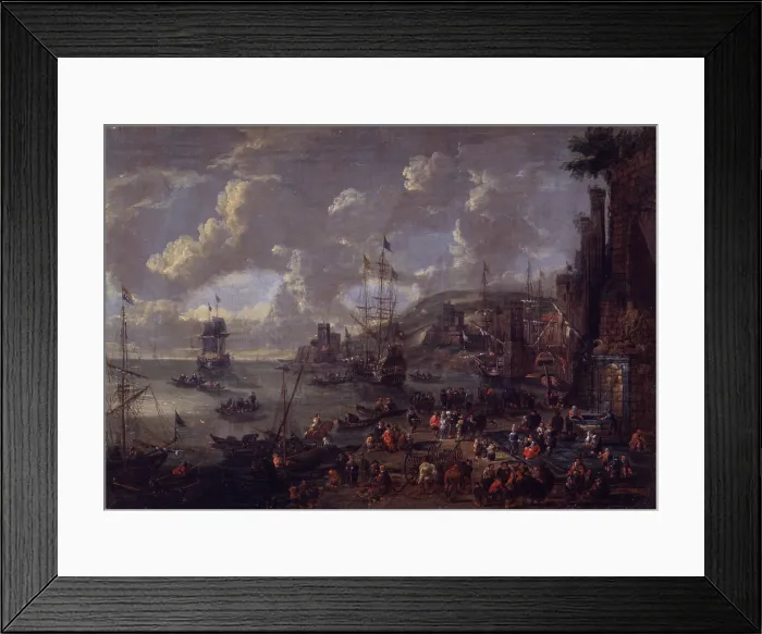 Framed Print : View of a harbor, by Schoevaerdts Mathijs, 1660 - 1700, 17th - 18th Century, oil on canvas, 27, 9 x 40, 4 cm - Italy, Lombardy, Milan, Castello Sforzesco
