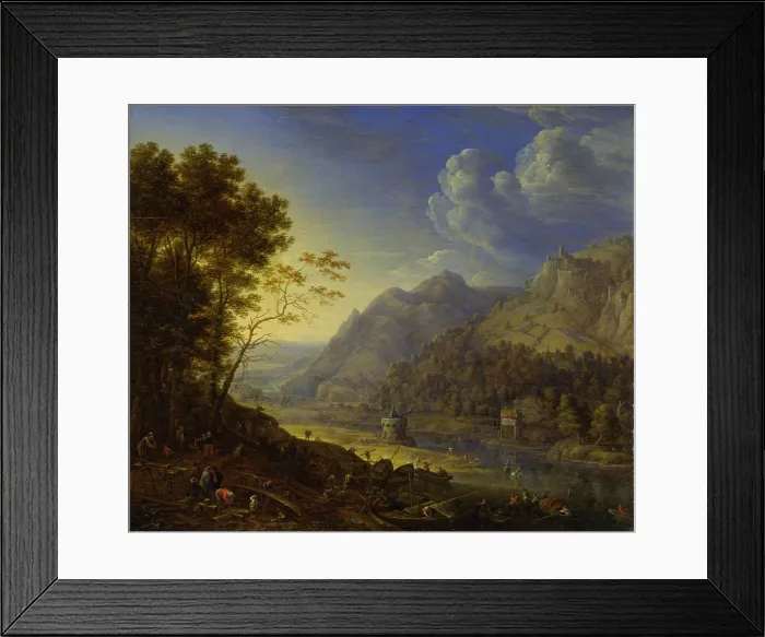Framed Print : Landscape with Figures and Boats Near a River, by Saftleven Herman III, 1659, 17th Century, oil on board, 35 x 30 cm - Italy, Lombardy, Milan, Castello Sforzesco