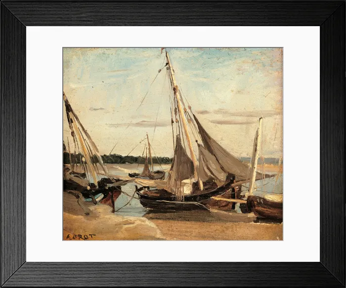 Framed Print : Trouville, Fishing Boats Stranded in the Channel, by Jean-Baptiste-Camille Corot, 1830 about, 19th Century, oil on canvas, cm 21 x 23, 5 - France, Ile de France, Paris