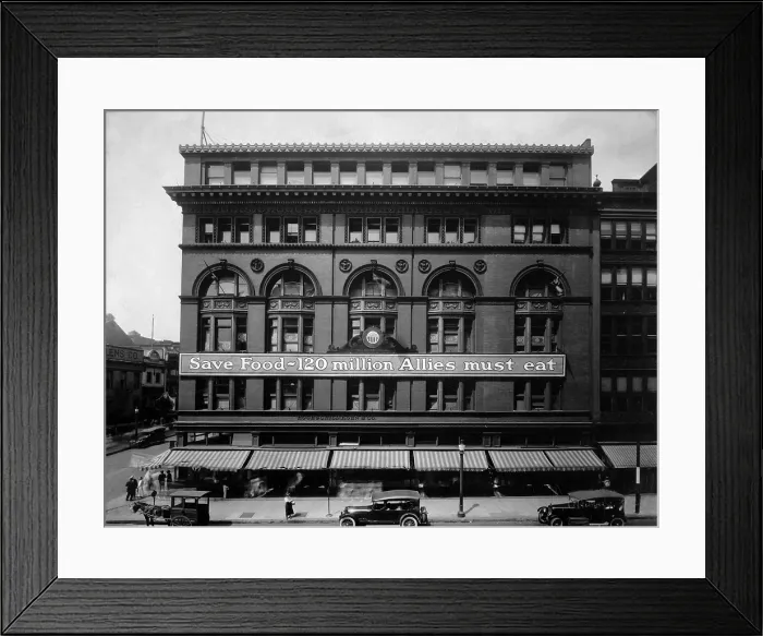 Framed Print : Save Food-120 Millions Allies Must Eat, exhorts a banner of the U.S. Food Administration in Baltimore. World War I was a boom time for American farmers. Ca. 1917-18