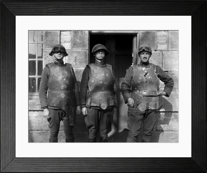 Framed Print : French soldiers in heavy weight body armor showing effect of pistol, rifle, and machine gun fire. Ordnance Department body armor test at Fort de la Peigney, Langres, France Framed Print : French soldiers in heavy weight body armor showing effect of pistol, rifle, and machine gun fire. Ordnance Department body armor test at Fort de la Peigney, Langres, France