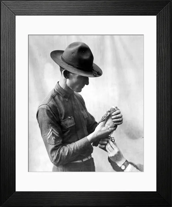 Framed Print : American soldier attaching a message to a Signal Corps carrier pigeon. World War I. Ca. 1917-18 Framed Print : American soldier attaching a message to a Signal Corps carrier pigeon. World War I. Ca. 1917-18