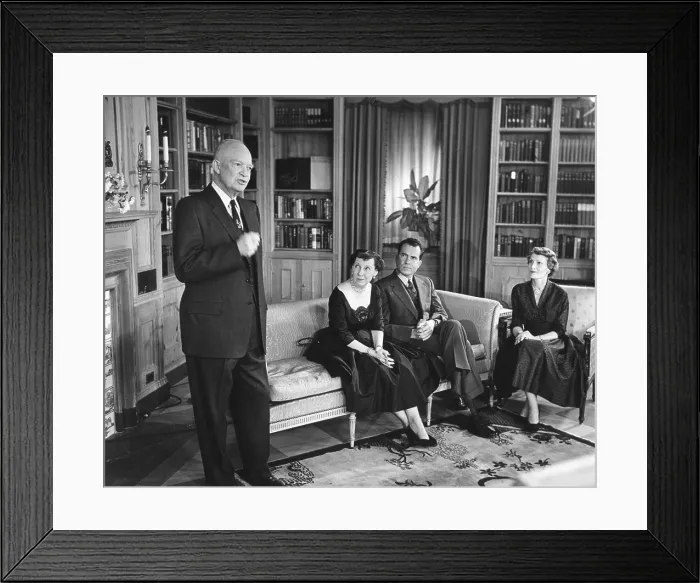 Framed Print : President Eisenhower speaking on election eve, Nov. 5, 1956. Seated are Mamie Eisenhower with Pat and Richard Nixon. - (BSLOC_2014_16_10) Framed Print : President Eisenhower speaking on election eve, Nov. 5, 1956. Seated are Mamie Eisenhower with Pat and Richard Nixon. - (BSLOC_2014_16_10)
