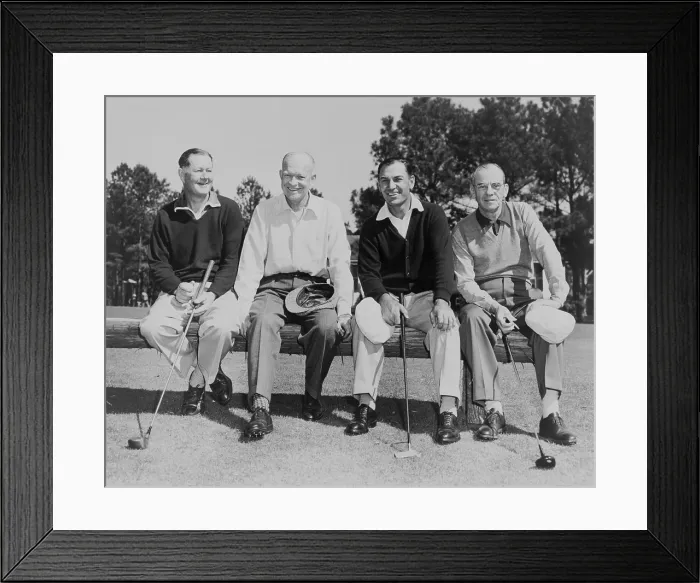 Framed Print : President Dwight Eisenhower with Golf Champions at Augusta, Georgia, ca. 1953. L-R: Byron Nelson, the President, Ben Hogan, and Clifford Roberts. - (BSLOC_2014_16_101) Framed Print : President Dwight Eisenhower with Golf Champions at Augusta, Georgia, ca. 1953. L-R: Byron Nelson, the President, Ben Hogan, and Clifford Roberts. - (BSLOC_2014_16_101)