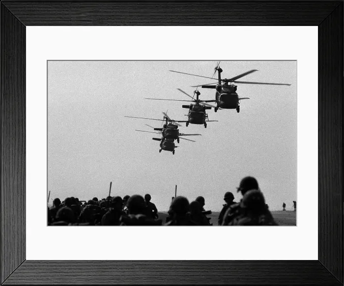 Framed Print : U.S. Army Black Hawk helicopters depart from Point Salines Airfield after bringing troops to the invasion of the Caribbean Island of Grenada. Oct