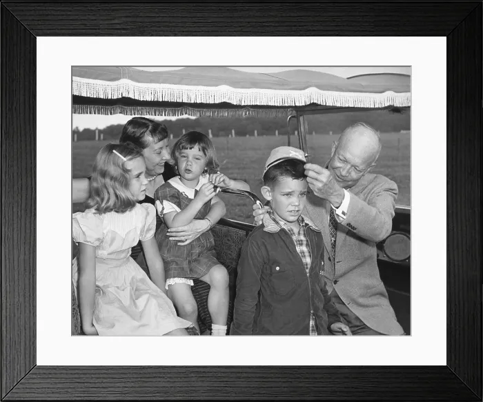 Framed Print : President and Mamie Eisenhower with their three oldest grandchildren. L-R on the golf cart: Barbara Anne, the First Lady, Susan, David, the President. Gettysburg, Sept. 16, 1956 Framed Print : President and Mamie Eisenhower with their three oldest grandchildren. L-R on the golf cart: Barbara Anne, the First Lady, Susan, David, the President. Gettysburg, Sept. 16, 1956