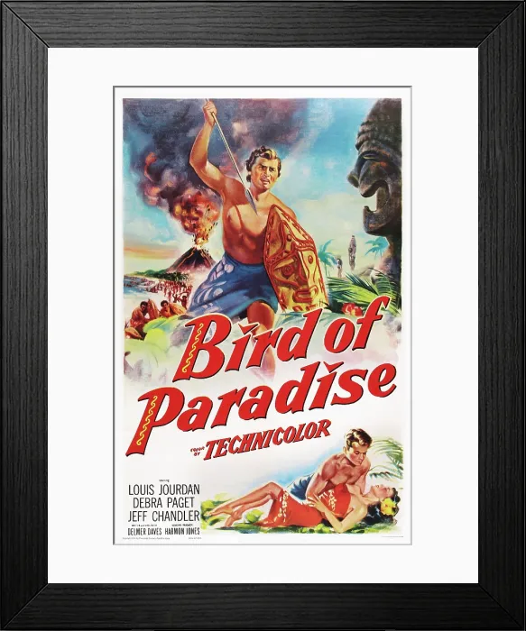 Framed Print : BIRD OF PARADISE, US poster art, top; Jeff Chandler; bottom right: Louis Jourdan, Debra Paget, 1951. TM and copyright 20th Century-Fox Film Corp