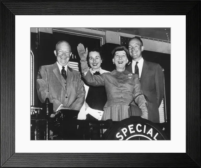 Framed Print : President Eisenhower and his family train waving from the back of their campaign train Framed Print : President Eisenhower and his family train waving from the back of their campaign train
