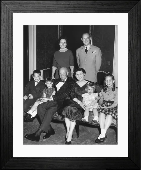 Framed Print : Christmas portrait of President Dwight and Mamie Eisenhower with their four grandchildren. Seated L-R: David, Susan, the President and First Lady, Many Jean, and Barbara Ann Framed Print : Christmas portrait of President Dwight and Mamie Eisenhower with their four grandchildren. Seated L-R: David, Susan, the President and First Lady, Many Jean, and Barbara Ann