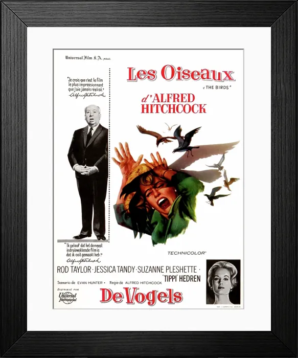 Framed Print : THE BIRDS, (aka ALFRED HITCHCOCK'S THE BIRDS'), on left: Alfred Hitchcock; center: Tippi Hedren; bottom right: Tippi Hedren; Belgian poster art, 1963 Framed Print : THE BIRDS, (aka ALFRED HITCHCOCK'S THE BIRDS'), on left: Alfred Hitchcock; center: Tippi Hedren; bottom right: Tippi Hedren; Belgian poster art, 1963