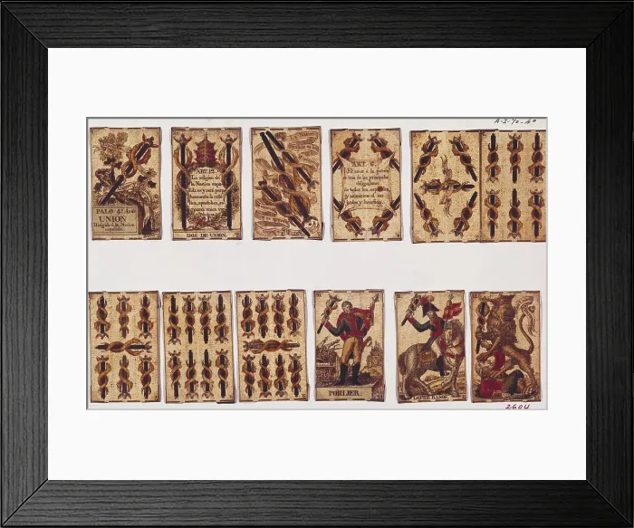 Framed Print : Spanish Civil War of 1820-1823. Pack of cards decorated with liberal and militar drawings: 1812 Constitution articles and portraits of generals Velarde and Riego. SPAIN. Madrid