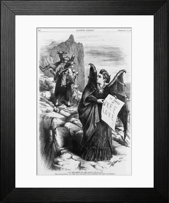 Framed Print : Political cartoon by Thomas Nast depicting Victoria Woodhull as the devil who holds banner Framed Print : Political cartoon by Thomas Nast depicting Victoria Woodhull as the devil who holds banner