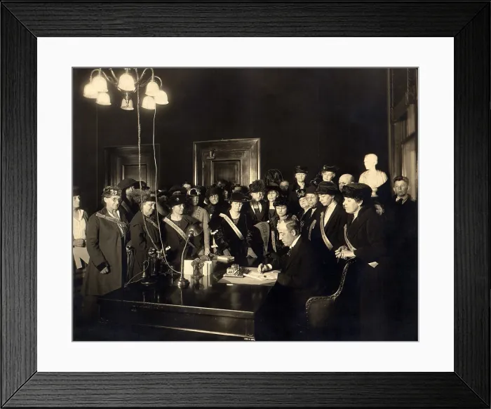 Framed Print : A room full women wearing Votes for Women banners, witness Governor Edwin P. Morrow signing Kentucky's ratification of the 19th Amendment