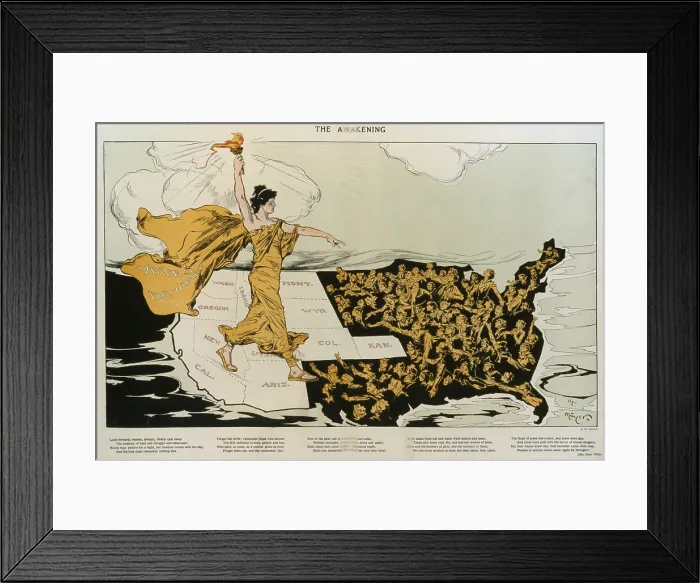 Framed Print : THE AWAKENING. A torch-bearing female, symbolizing the awakening of the nation's women, striding across the western states, where women already had the right to vote