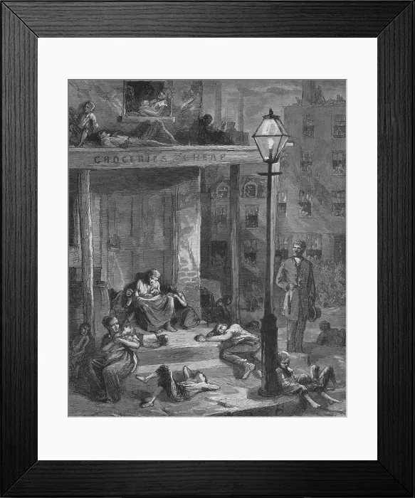 Framed Print : New York City tenement dwellers sleeping outside, on the streets and rooftops to escape their unventilated apartments. Wood engraving from August 1879 Framed Print : New York City tenement dwellers sleeping outside, on the streets and rooftops to escape their unventilated apartments. Wood engraving from August 1879