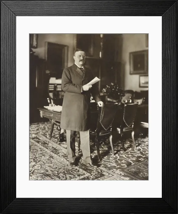 Framed Print : President Theodore Roosevelt, 1907, standing by table, holding paper in right hand. By Washington, D.C. photographer, B.M. Clinedinst (BSLOC_2017_6_54)
