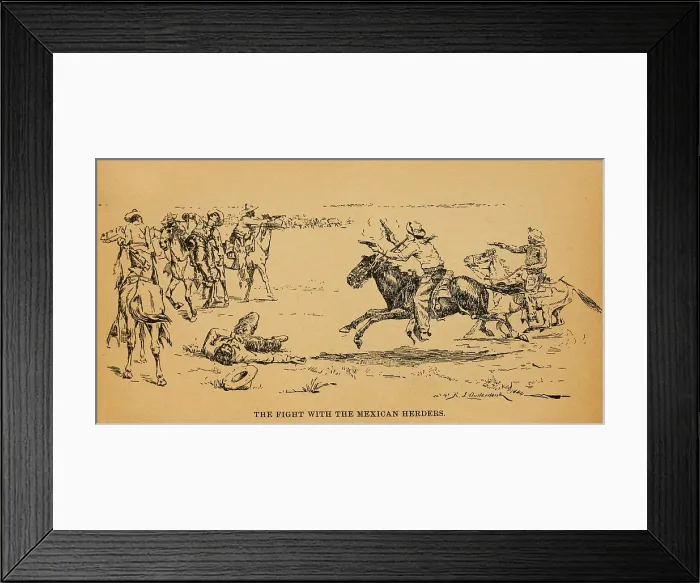 Framed Print : John Wesley Hardin in a fight with Mexican Vaqueros at the end of a cattle drive up the Chisholm Trail to Abilene, Kansas
