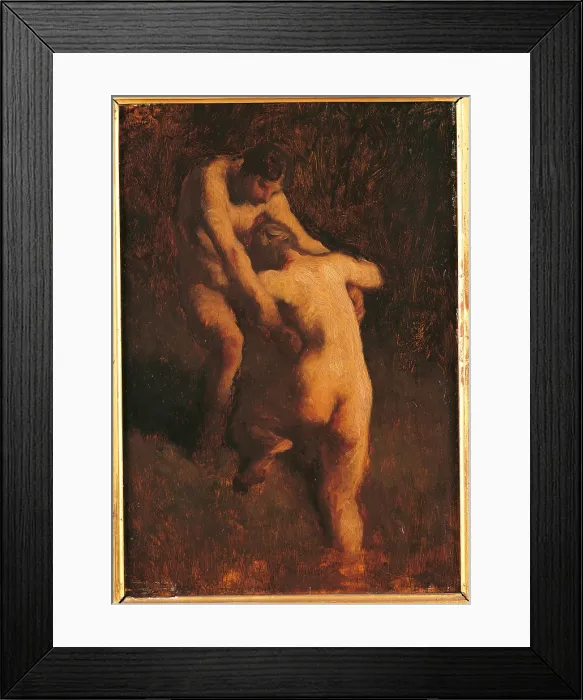 Framed Print : Two Bathers, by Jean-Franois Millet, 1848, 19th Century, oil on canvas, cm 28 x 19 - France, Ile de France, Paris, Muse dOrsay, RF141. All. Young woman bathers back water
