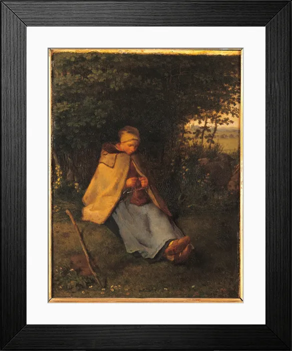 Framed Print : The Knitter or The Seated Shepherdess, by Jean-Franois Millet, 1858 - 1860, 19th Century, oil on canvas, cm 39 x 29, 5 - France, Ile de France, Paris, Muse dOrsay, RF1876. All