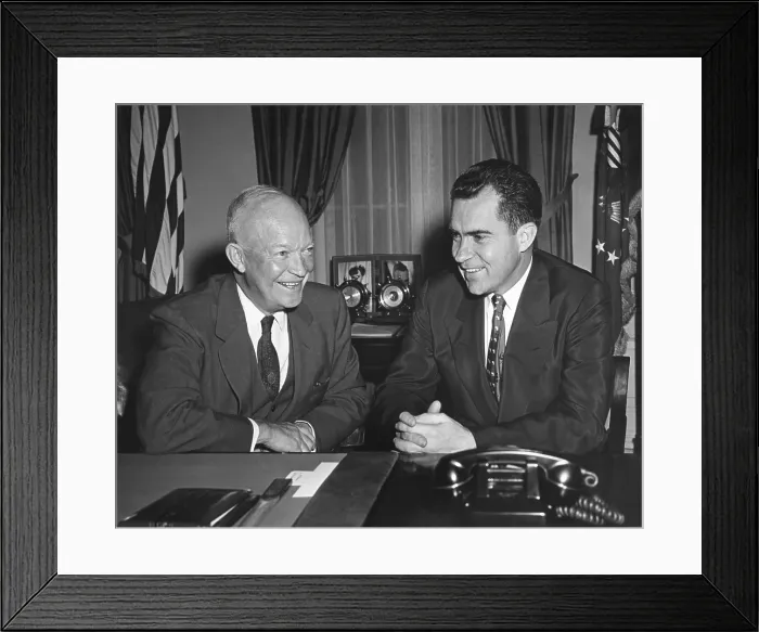 Framed Print : President Eisenhower meeting the VP Richard Nixon in the Oval Office. August 1954