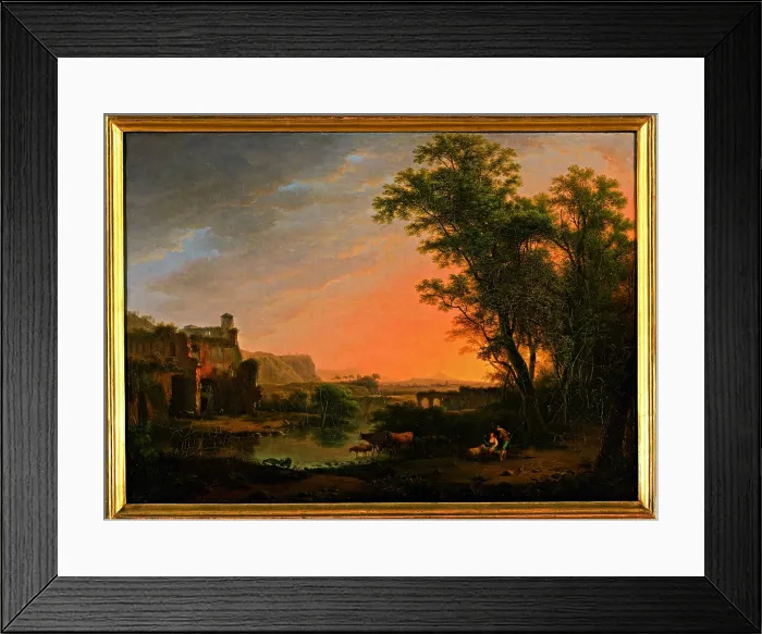 Framed Print : Town - Town representing a Sunset - Town with Water in the Middle, Lush Vegetation and Ruins of a Castle, Ruins of a Castle, by Marco Gozzi, 1815, 19th Century, oil on canvas