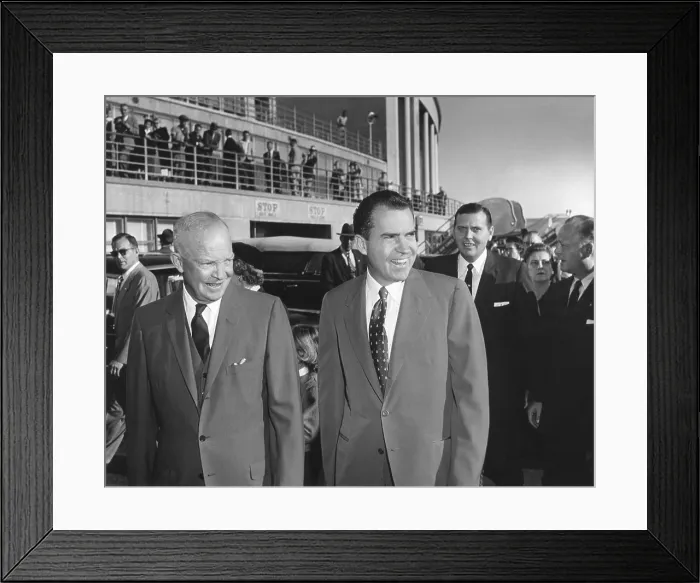 Framed Print : President Eisenhower seeing Richard Nixon off at National Airport. He attended a Republican Kick-off breakfast for VP Nixon, who was departing on an extensive campaign trip